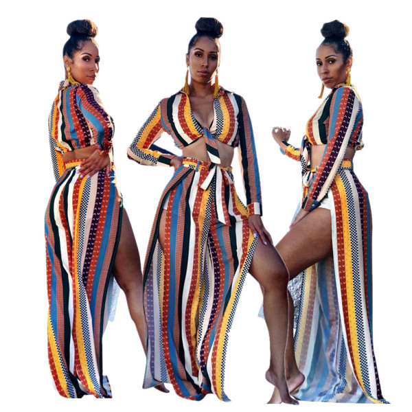 Colorful Stripe Suits Bandage Crop Top Split Straight Trousers YT3066