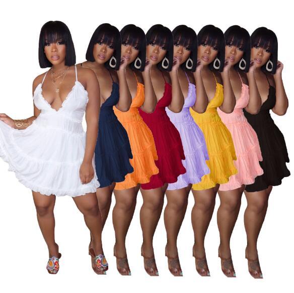Sexy Solid Color Suspenders V-Neck Backless Mini Dress AL104
