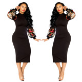 Stylish Mesh Sleeves Embroidered Patchwork Bodycon Club Dress QQM3929