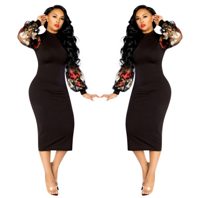 Stylish Mesh Sleeves Embroidered Patchwork Bodycon Club Dress QQM3929
