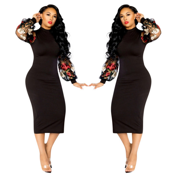 Stylish Mesh Sleeves Embroidered Patchwork Bodycon Club Dress QQM3929