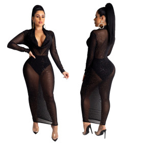 Shiny Mesh Folding Collar Black Long Sleeves Ankle Length Dress QZ5260