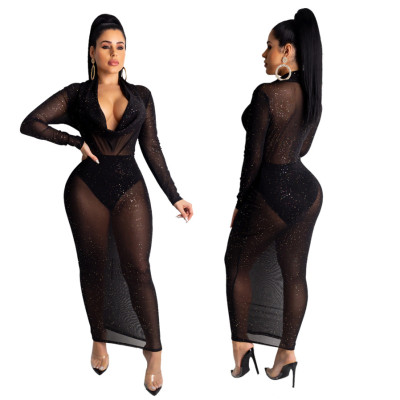 Shiny Mesh Folding Collar Black Long Sleeves Ankle Length Dress QZ5260