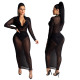 Shiny Mesh Folding Collar Black Long Sleeves Ankle Length Dress QZ5260