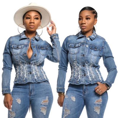 Ladies Denim Turn Down Collar Rivets Slim Bodycon Coat SMR9511