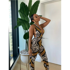 Women's strap wrapped chest print jumpsuit SH7110