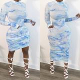 Sexy Coloring Printed Pleated Long Sleeve Bodycon Mini Dress LD8740