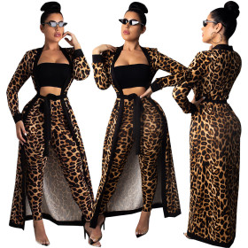 Leopard Print Club Outfits Belted Long Coat Straight Pants QQM3542