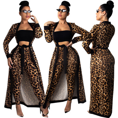 Leopard Print Club Outfits Belted Long Coat Straight Pants QQM3542