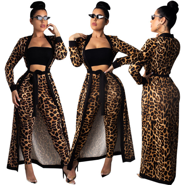 Leopard Print Club Outfits Belted Long Coat Straight Pants QQM3542