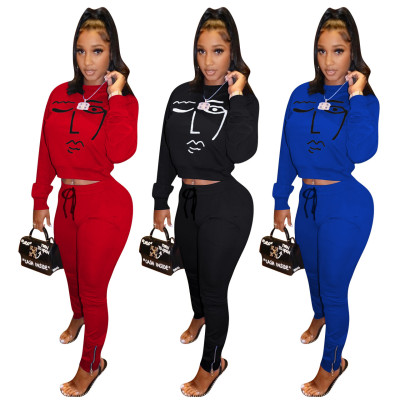 Running Pullover Cute Pattern Tops Elastic Waist Slinky Pants ED8166