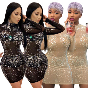 Fashion Crystal Sexy Long Sleeve Rhinestone Bodycon Dress Q164