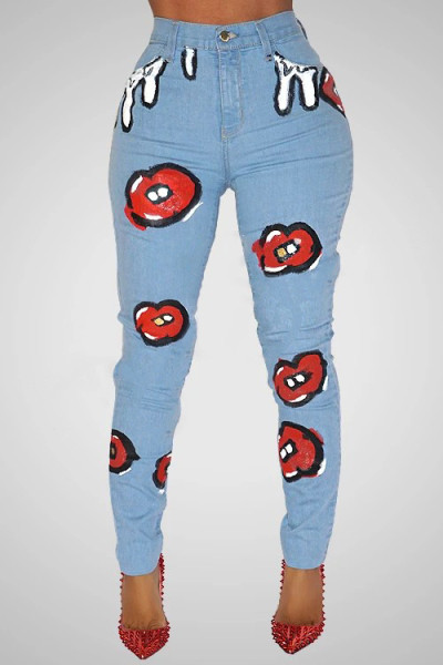 Printed stretch jeans women's high-rise slim-fit jeans CJ910