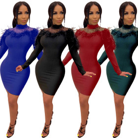 Hot Sale Long Sleeves Feather Deco Bodycon Dress With Zipper QZ4086