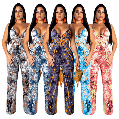 Ladies Hot Printing V Neck Condole Blet Straight Jumpsuit SMR9255