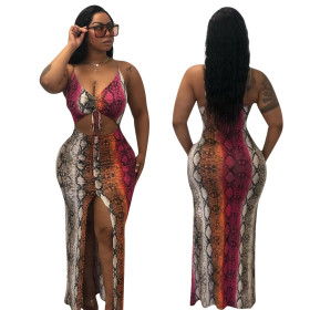 Split Mature Woman Snake Print Spaghetti Strap Dress KK8053