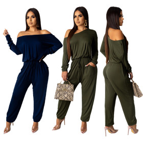 Casual Women Pure Color Off Shoulder Long Jumpsuit N9155