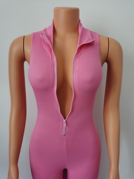 Sexy Knitting Zipper V-Neck Sleeveless Pleated Trousers Bodycon Jumpsuit FF1029