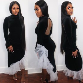 Newest Bodycon Mesh Splicing Backless Velvet Irregular Dress HH8900
