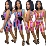 New Arrival Casual Suits Stripe Tank Top Colorful Mid Shorts HM5213
