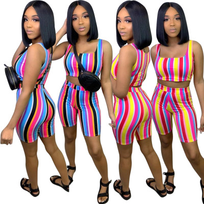 New Arrival Casual Suits Stripe Tank Top Colorful Mid Shorts HM5213