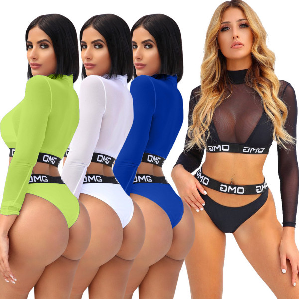 Swimming Sets Long Sleeves Mesh Top Low-Waist Panty LS6134
