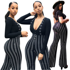 Cheap Casual Flared Pants Striped mCondole Belt Jumpsuit F8146