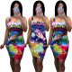 Fashion casual tie-dyed printed round neck sleeveless midi skirt lace dress women L8052