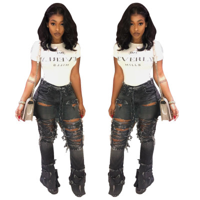 Oversize Black Vintage Fashion Lady Slit Tassel Long Jeans SMR2084