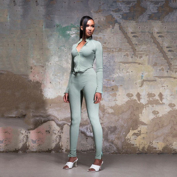 Women's two-piece long-sleeved zipper top sexy tight stretch pants FD8641