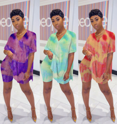 Casual Coloring V-Neck Loose T-Shirt With Shorts Two Piece Suit MD347