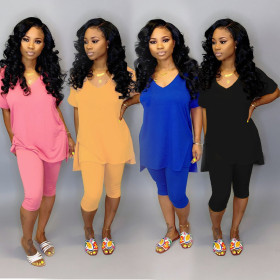 Pure Color Leisure Outfits V Collar Split T-Shirt Skinny Pants WY6566