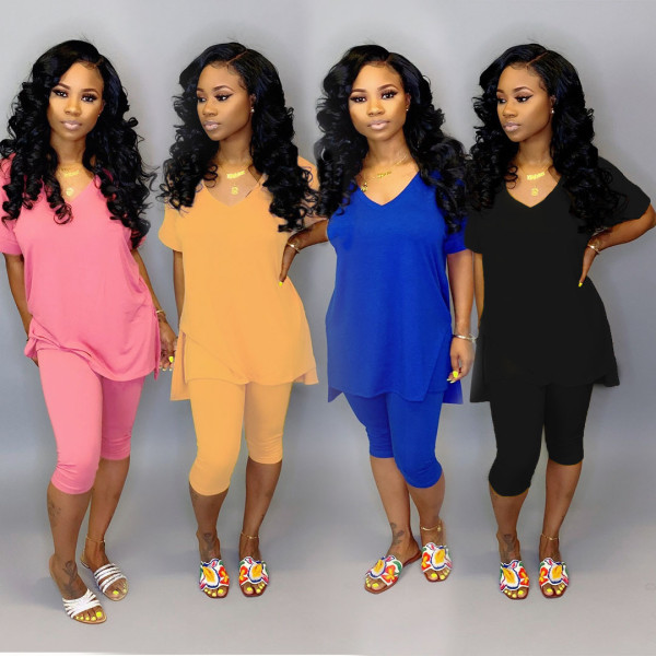 Pure Color Leisure Outfits V Collar Split T-Shirt Skinny Pants WY6566