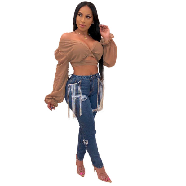All-Match Ripped Women Tassel Pants Skinny Long Jeans MA6271