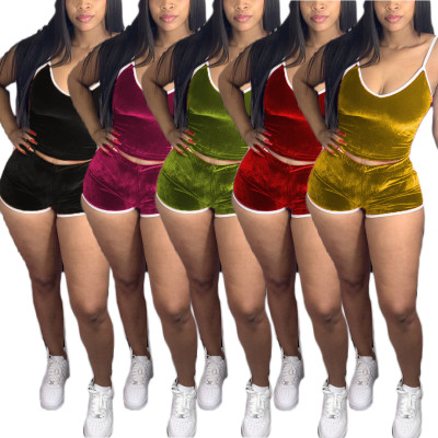 Sexy Solid Color Suspenders V-Neck Backless Mini Top With Shorts Two Piece Sets ABL4002