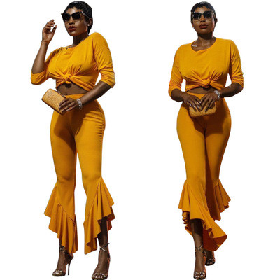Spring Women Suits Round Neck T-Shirt Ruffle Pants HM5186
