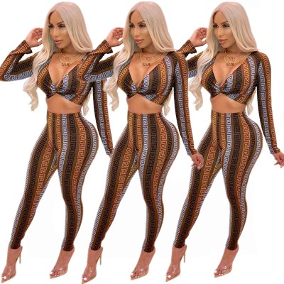 Euramerican 2 Pieces Printing Suits Crop Top Skinny Pants E8129