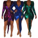 Shiny Long Sleeves Bodycon V Neck Mini Dress SMR9273