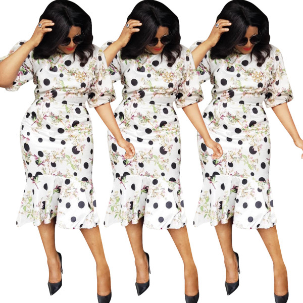 Elegant Spring Polka Dot Half Sleeves Midi Dress ED8064