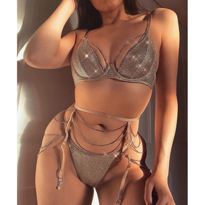 Sexy sexy steel ring gathered chest underwear hot drilling three-piece S6681J