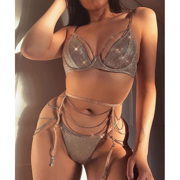 Sexy sexy steel ring gathered chest underwear hot drilling three-piece S6681J