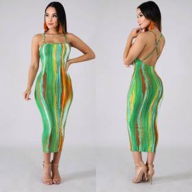 Cheap Backless Printing Spaghetti Strap Midi Dresses HM6112