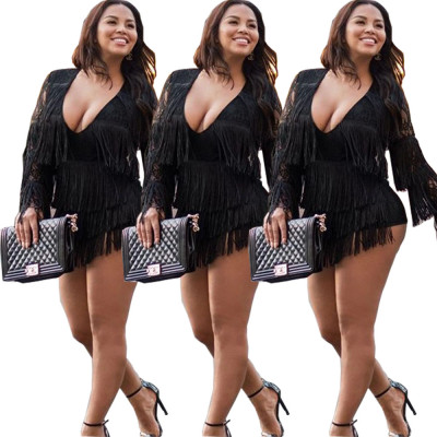 Sexy Tassel U Collar Long Sleeves Mini Dress MDF5025