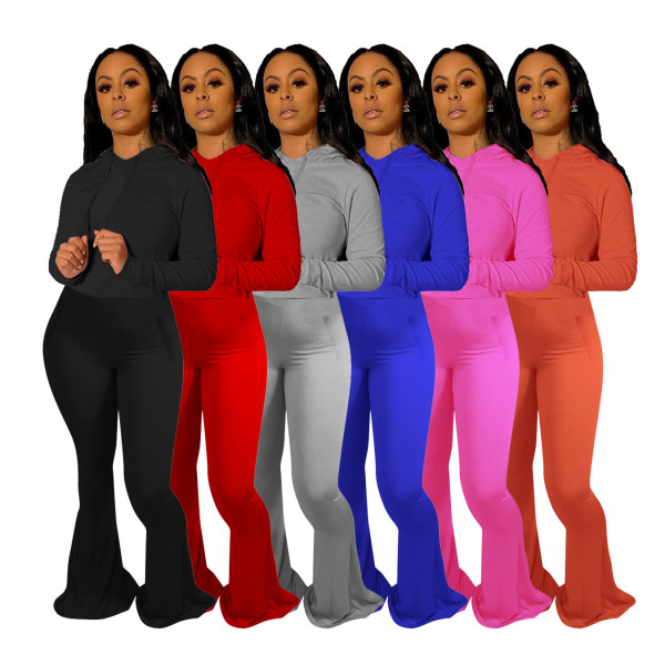 Womens explosive high-elastic hooded slim-fit flared pants sports two-piece suit YF8120