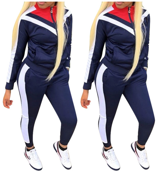 Color Patchwork Long Style Bodycon 2 Pieces Track Suits YMT6032