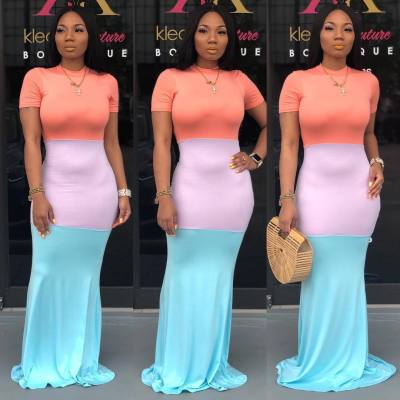 Slim Bodycon Zipper Color Block Round Neck Maxi Dress KA7047