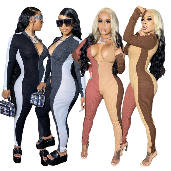 Sexy Contrast Stitching Zipper Round Neck Long Sleeves Bodycon Jumpsuit SN3871