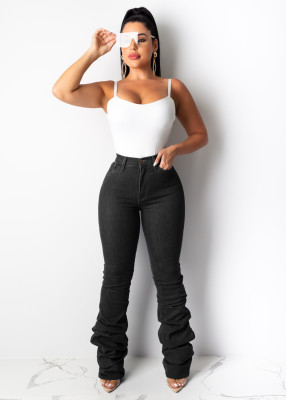 Fashion Black/Blue Heap Heap Pants Mid Waist Women Jeans LD8609