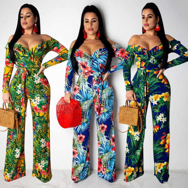 Sexy ruffled one-shoulder long-sleeved jumpsuit NS4443