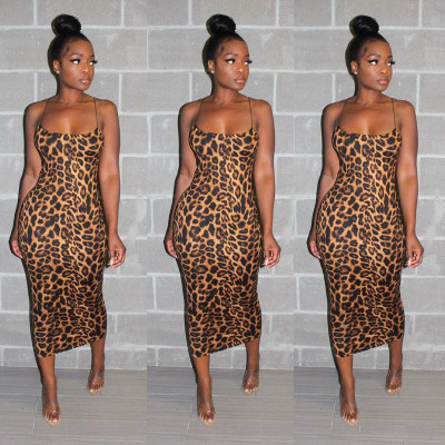 Slim Bodycon Leopard Printing Strappy Dress For Lady SN3631